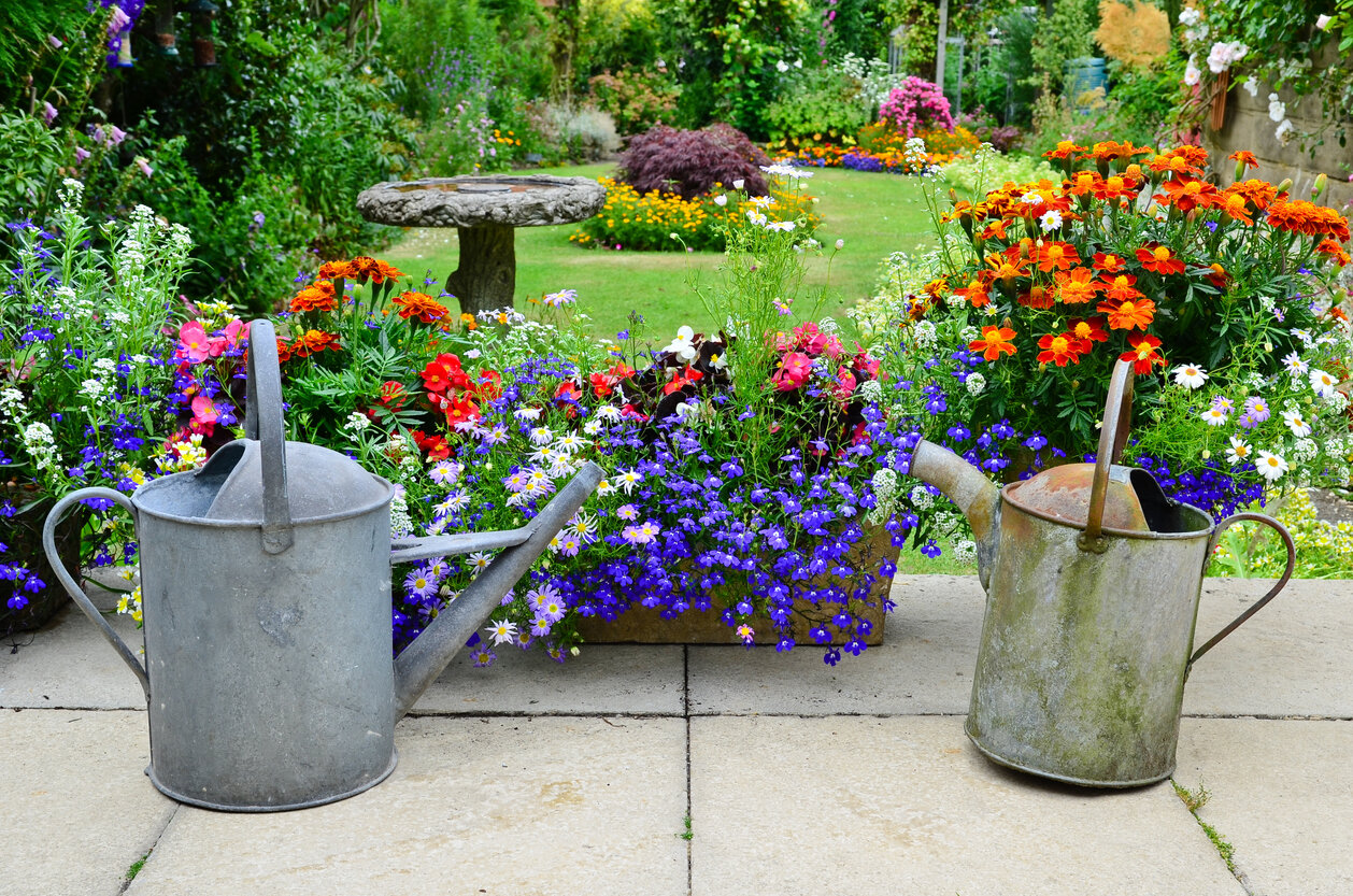 Bunter Garten mit Gießkannen