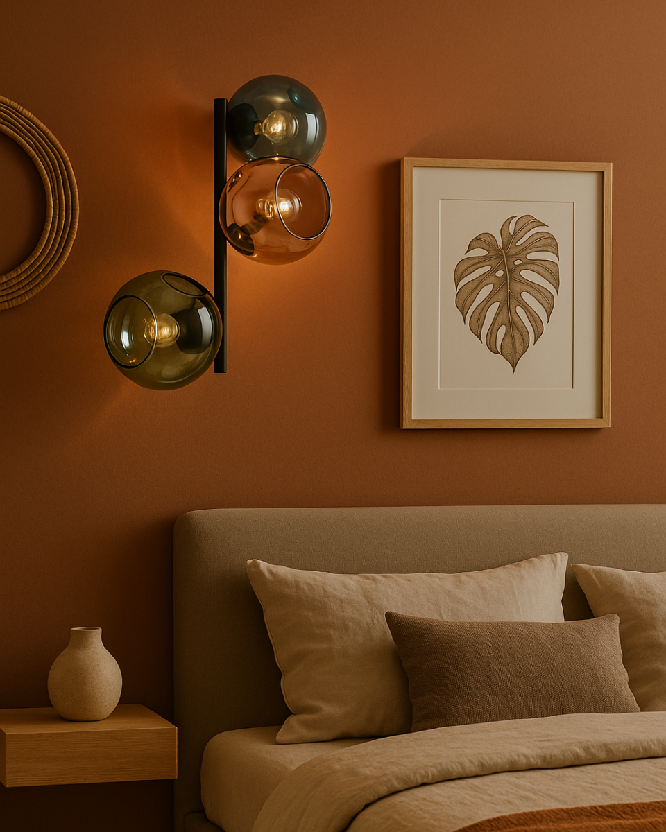 Wandleuchte mit Glas Lampenschirmen im an brauner Schlafzimmerwand