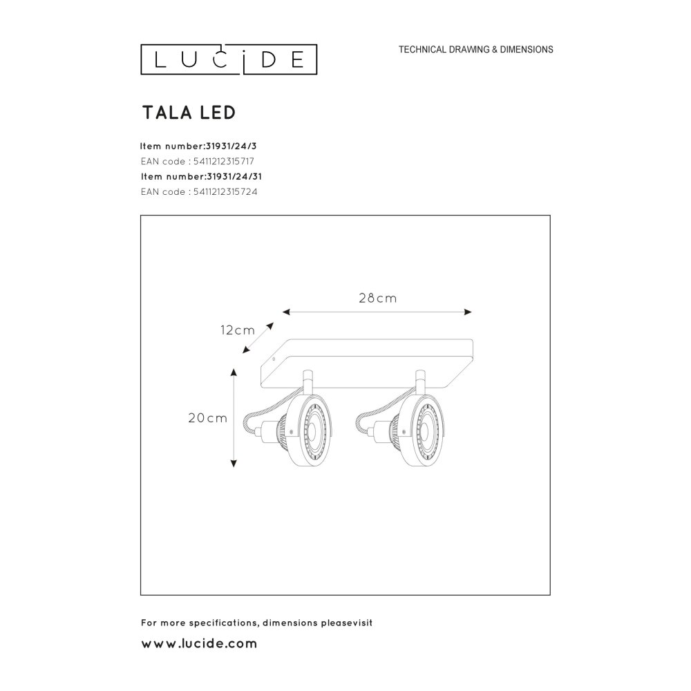 Lucide TALA Deckenstrahler LED Weiß, 2-flammig