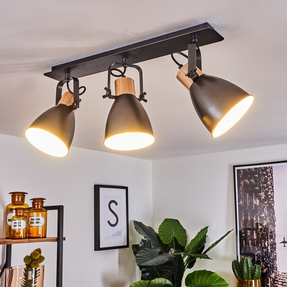 Elm Deckenleuchte Anthrazit, Holz hell, 3-flammig main product photo