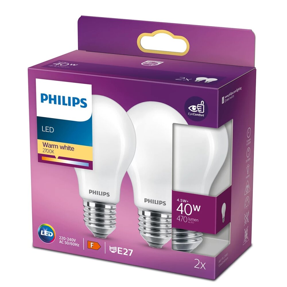 Philips 2er Set LED E27 4,5 Watt 2700 Kelvin 470 Lumen main product photo