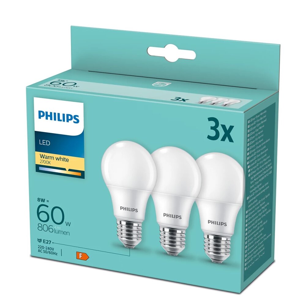 Philips 3er Set LED E27 8 Watt 2700 Kelvin 806 Lumen main product photo
