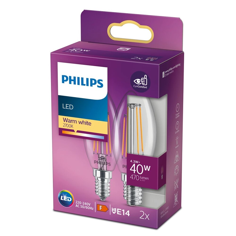 Philips 2er Set LED E14 4,3 Watt 2700 Kelvin 470 Lumen main product photo