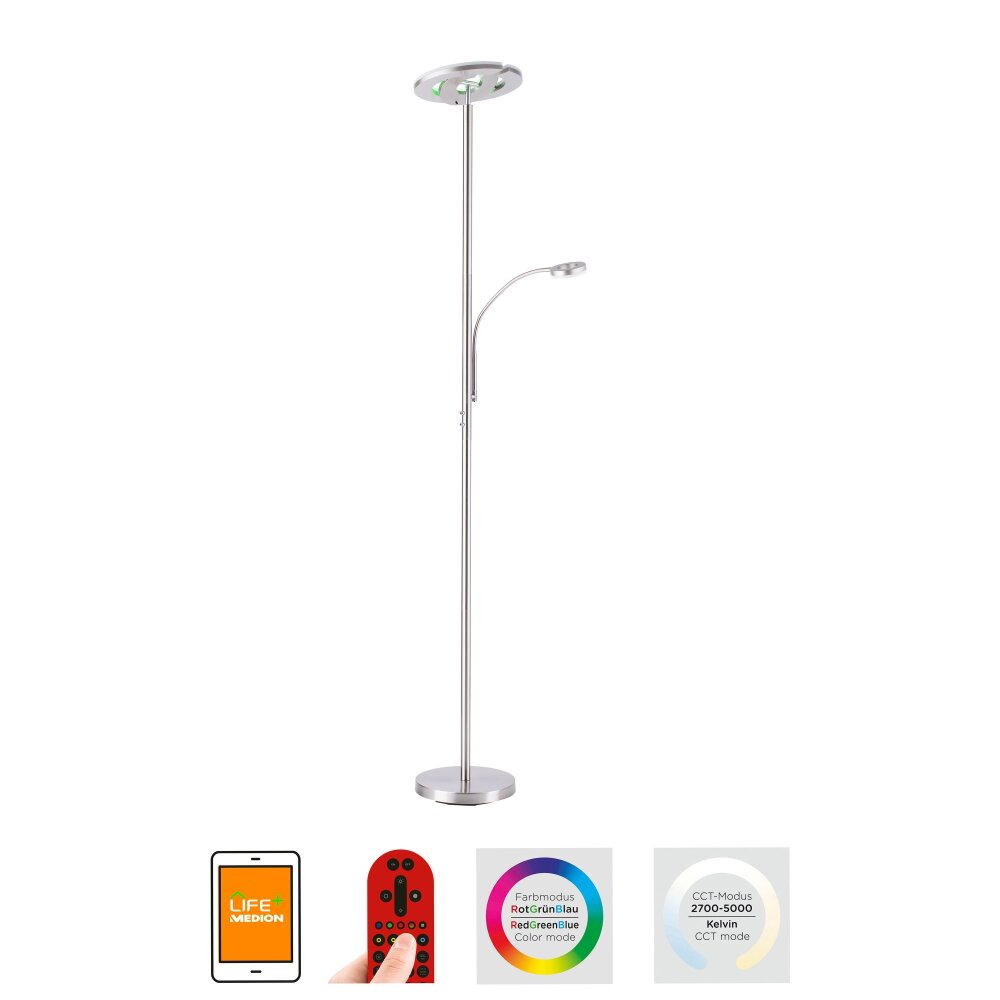 Leuchten Direkt LOLAsmart-ROCCO Deckenfluter LED Stahl gebürstet, 1-flammig, Fernbedienung main product photo