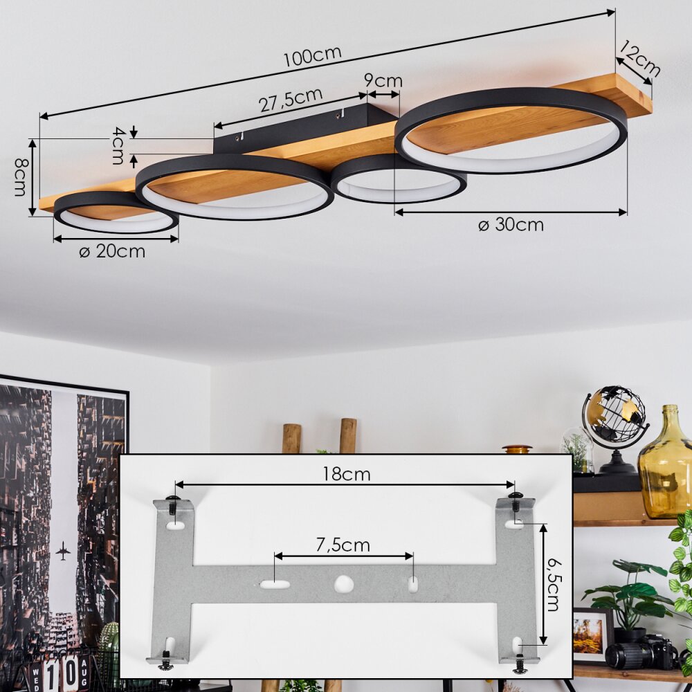 Rodekro Deckenleuche LED Holz hell, Schwarz, 1-flammig