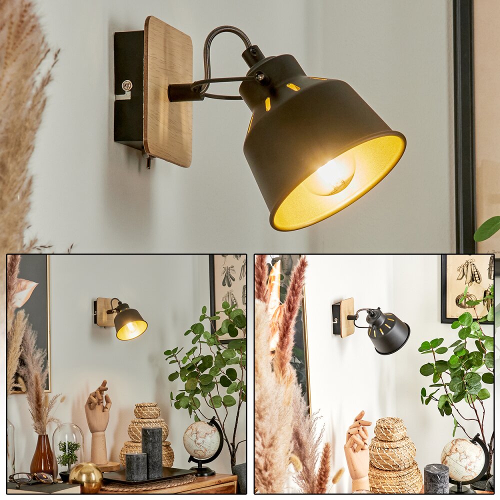 Safari Wandleuchte Chrom, Holz hell, Schwarz, 1-flammig main product photo