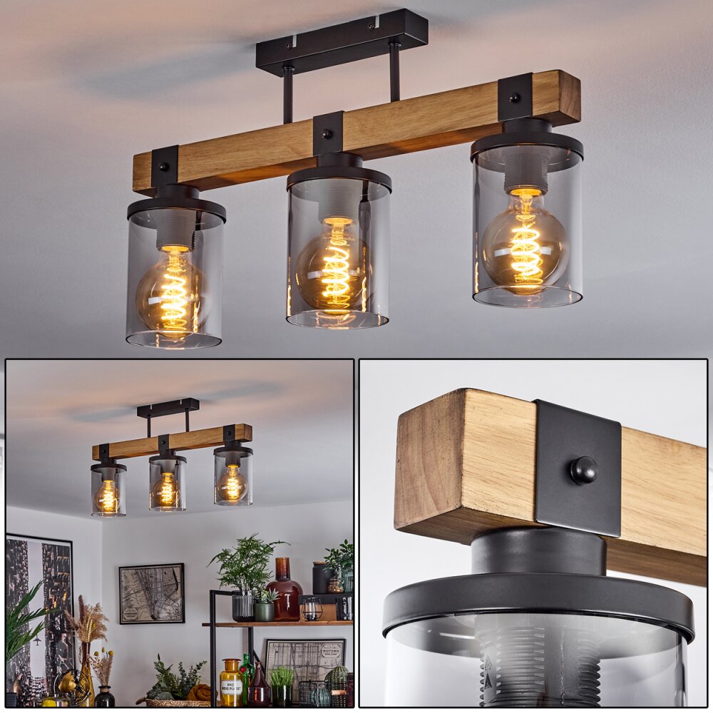 Roxa Deckenleuchte Holz hell, Schwarz, 3-flammig main product photo