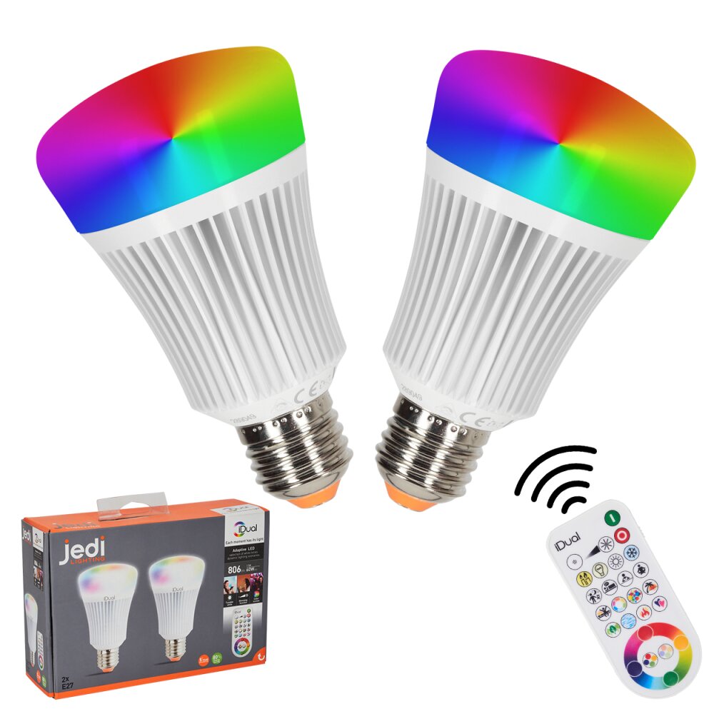 iDual E27 LED RGB 11 Watt 2200-6500 Kelvin 806 Lumen 2er Set mit Fernbedienung main product photo