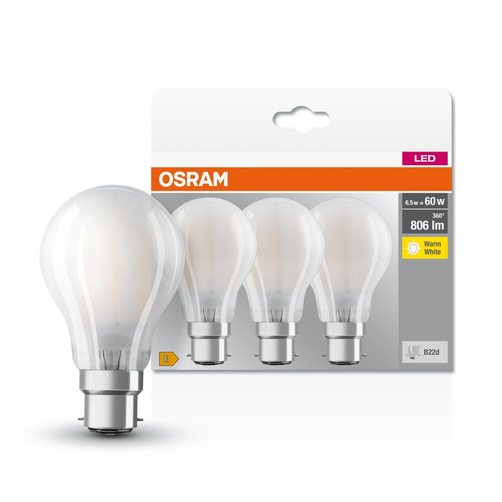 OSRAM CLASSIC A 3er Set LED B22d 6,5 Watt 2700 Kelvin 806 Lumen main product photo
