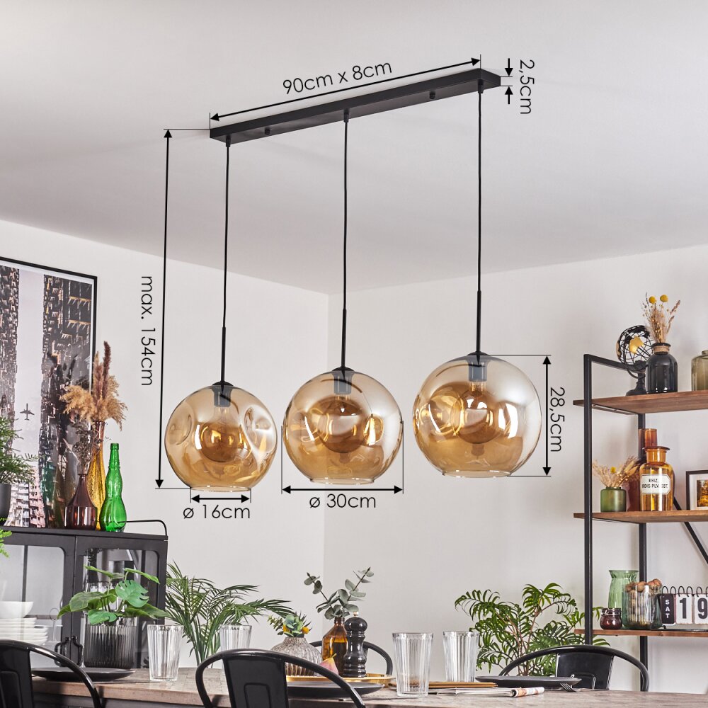 Ripoll Hängeleuchte Glas 30 cm Schwarz, 3-flammig