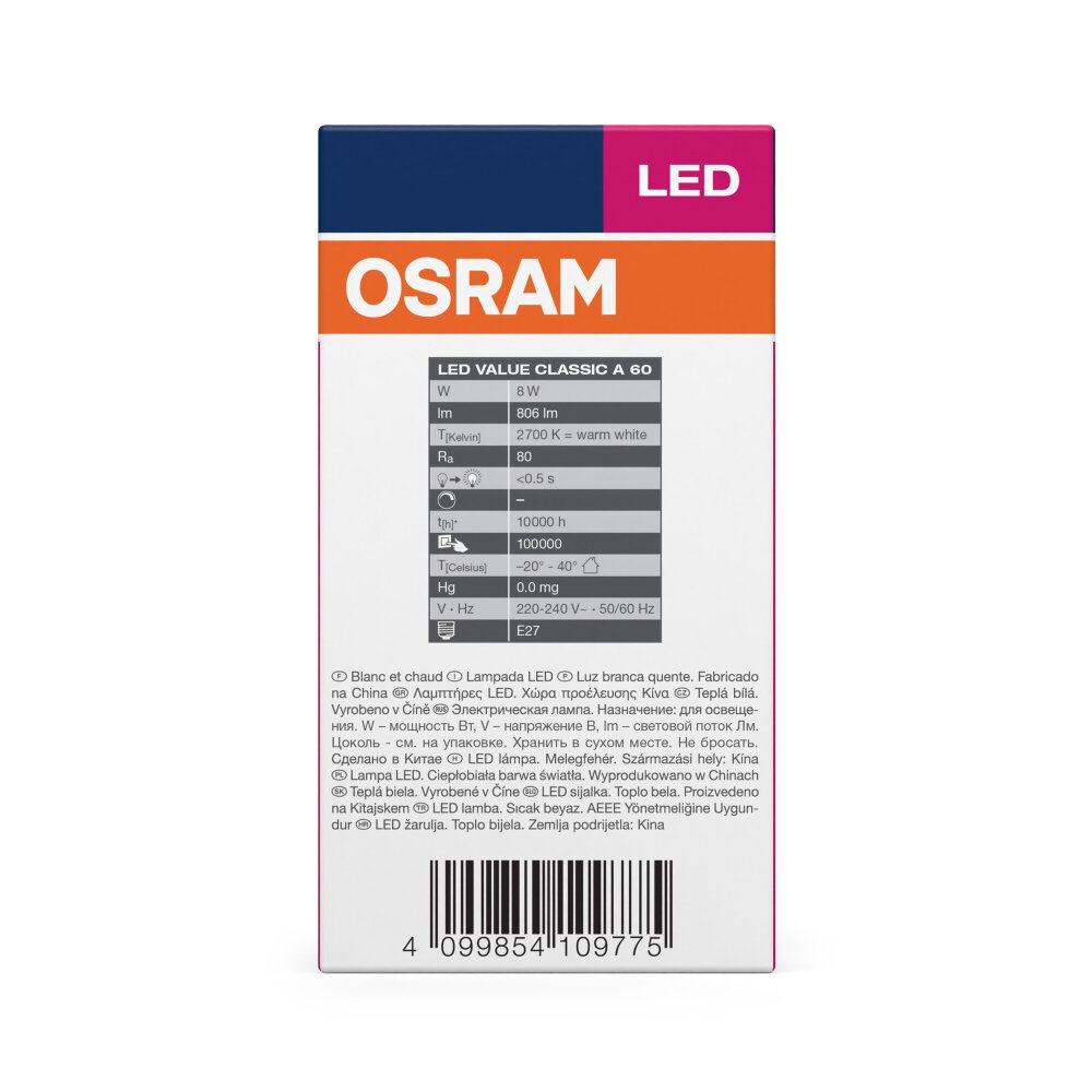 OSRAM LED Value E27 8,5 Watt 806 Lumen 2700 Kelvin