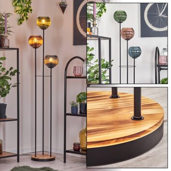 Koyoto Stehleuchte Glas 15 cm Holz hell, Schwarz, 3-flammig