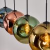 Design-Hängeleuchte Ripoll mit bunten Kugelschirmen in Blau, Gold, Grün und Kupfer