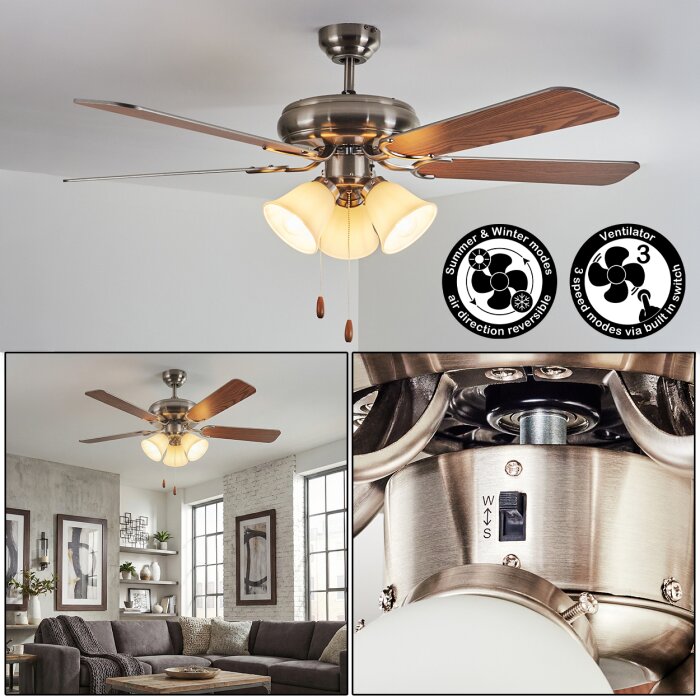 Stelo Deckenventilator mit Beleuchtung Naturfarben, Nickel-Matt, Silber, 3-flammig