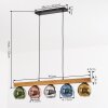 Pendelleuchte Koyoto mit 5 bunten Glasschirmen am Holzbalken, Länge 95 cm