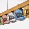 Pendelleuchte Koyoto mit 5 bunten Glasschirmen am Holzbalken, Länge 95 cm