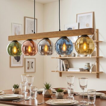 Pendelleuchte Koyoto mit 5 bunten Glasschirmen am Holzbalken, Länge 95 cm
