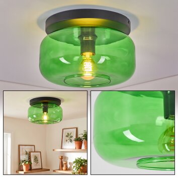 Retro-Deckenleuchte Boza mit bauchig gewölbtem grünem Glasschirm, ø 28 cm, E27