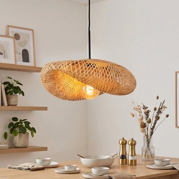 Bauro Bambus Pendelleuchte, gewölbter naturfarbener Bambusschirm, Länge 50 cm