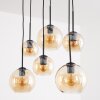 Koyoto Kiefernholz-Pendelleuchte mit bernsteinfarbenen Glasschirmen, 6-flammig