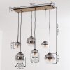 Koyoto Pendelleuchte 6-flammig mit Rauchglas-Kugeln ø 15/20 cm am Kiefernholzbalken