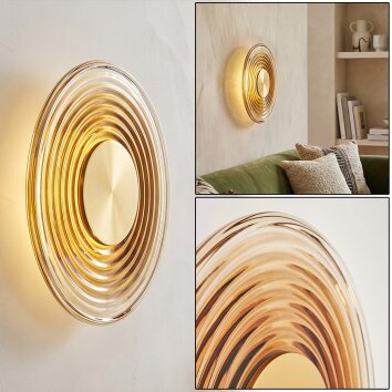 Liriel LED Wandleuchte Messing mit bernsteinfarben-klarem Glas-Rillenschirm