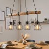 Holzstab-Hängeleuchte Gondo mit schwarzen Käfigschirmen, für den Esstisch, Kabel wickelbar