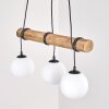 Holzstab-Hängeleuchte Koyoto mit drei weißen Glasschirmen, Kabel um den Holzstab wickelbar
