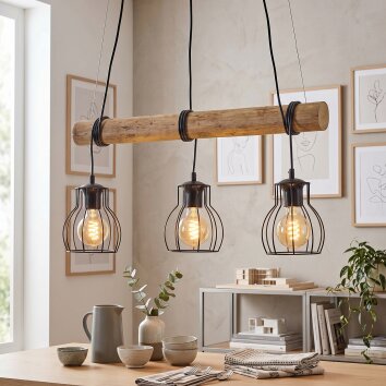 Gondo 3-flammige Holzstamm-Pendelleuchte mit Metallkäfig-Schirmen, Länge 60 cm