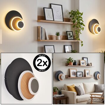 Lemik LED Wandleuchte 2er-Set, runde Wandlampe in Holzoptik mit Acrylglas
