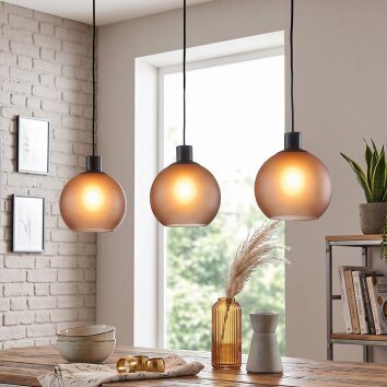 Cluster-Hängeleuchte Nolen, 3 Rauchglasschirme, Länge 105,5 cm, höhenverstellbar bei Montage