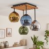 Kugel-Deckenleuchte Koyoto mit 4 bunten Glasschirmen, Holzlamellen-Abdeckung