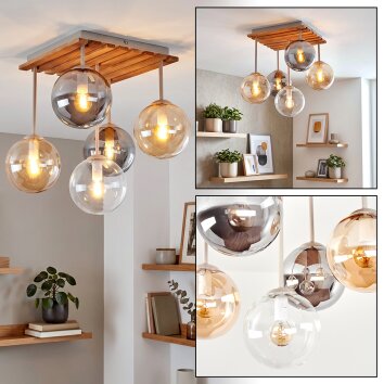 Boho-Kugel-Deckenleuchte Gastor mit 5 Glasschirmen in Bernstein, Klar und Rauch