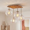 Boho Kugelleuchte Koyoto mit 4 klaren Riffelglasschirmen, Holzlamellenplatte in Naturfarben