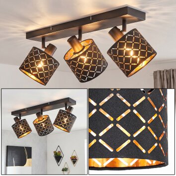 Tallaboa Deckenleuchte 3-flammig, schwarz-goldener Metall-Stoffschirm E14