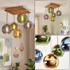 Kugelleuchte Koyoto mit naturfarbener Holzlamellenplatte und 5 bunten Glasschirmen ø 15 cm