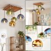 Kugel-Deckenleuchte Koyoto mit 5 bunten Glasschirmen und Holzlamellen-Abdeckung, E14