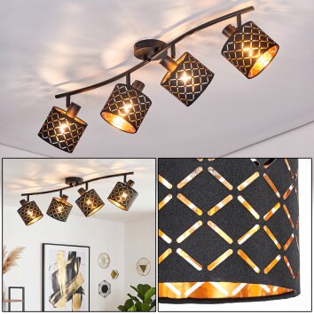 Deckenspot Tallaboa mit 4 gold-schwarzen Gitter-Schirmen, dreh- & schwenkbar