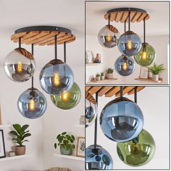 Holz-Deckenleuchte Gastor mit 4 bunten Glasschirmen in Blau, Grün, Chrom und Rauchfarben