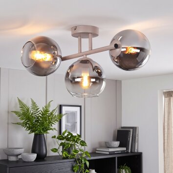 Moderne Cluster-Deckenleuchte Koyoto mit drei Glasschirmen in Chrom, Rauchfarben und Klar