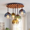 Boho Style Kugel-Deckenleuchte Koyoto mit runder Holzlamellenplatte und 5 Glasschirmen