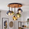 Boho Style Kugel-Deckenleuchte Koyoto mit runder Holzlamellenplatte und 5 Glasschirmen