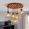 Boho Kugel-Deckenleuchte Ripoll mit Holzlamellenplatte, 5 bernsteinfarbenen Glasschirmen
