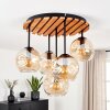 Boho Kugel-Deckenleuchte Ripoll mit Holzlamellenplatte, 5 bernsteinfarbenen Glasschirmen