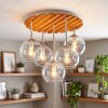 Boho-Deckenleuchte Koyoto mit Glaskugeln, Holzlamellenplatte in Naturfarben