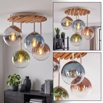 Cluster-Deckenleuchte Gastor mit Boho-naturfarbenen Holzlamellen und 4 bunten Glaskugeln