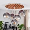 Naturfarbene Cluster-Deckenleuchte Koyoto mit Holzlamellenplatte und 5 Rauchglasschirmen