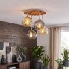 Boho-Kugel-Deckenleuchte Koyoto mit Holzlamellen-Abdeckung und 4 Glasschirmen in Rauch