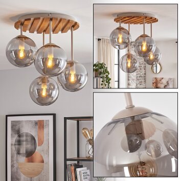 Boho Cluster-Deckenleuchte Gastor mit Holzlamellen-Abdeckung und Rauchglasschirmen