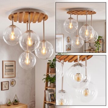 Boho Cluster-Deckenleuchte Gastor mit naturfarbenen Holzlamellen und 4 klaren Glaskugeln